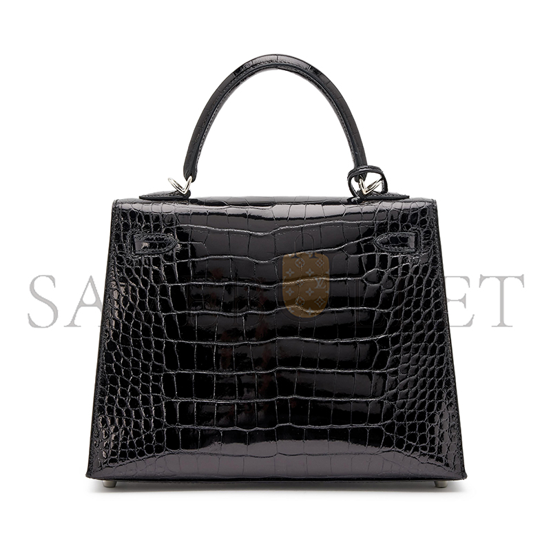 HERMÈS MASTER BLACK SHINY ALLIGATOR KELLY 25 SELLIER PALLADIUM HARDWARE (25*17*7cm)